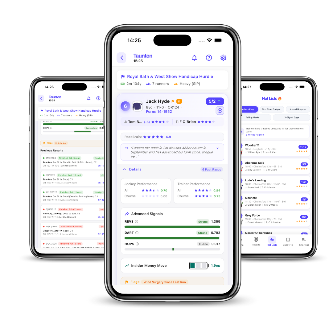 RaceBrain App showing horse racing analysis and tips